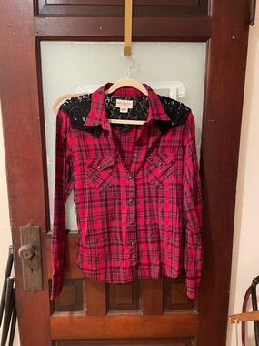 Ralph Lauren Red Plaid Button-Up Shirt with Black Lace Yoke